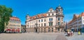 Panoramic view of historical center near Church of our Lady at Neumarkt square and summer outdoor cafes in historic downtown of