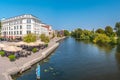 Panoramic view of historical downtown in Potsdam with river Havel and cafes and restaurants at blue sky in Spring, Germany