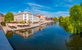 Panoramic view of historical downtown in Potsdam with river Havel and cafes and restaurants at blue sky in Spring, Germany