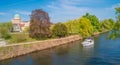 Panoramic view of historical downtown in Potsdam with river Havel and Saint Nikolai cathedral at blue sky in Spring, Germany