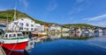 Panoramic view of Honningsvag town and bay in Mageroya island. Nordkapp Municipality in Finnmark county