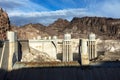 Panoramic view of the Hoover Dam, located between mountains in the course of the Colorado River. Royalty Free Stock Photo