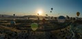 Panoramic view of Hot Air balloons flying tour over Mountains landscape autumn sunrise Cappadocia, Goreme National Park, Turkey Royalty Free Stock Photo