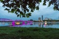 Panoramic view of Hue Bridge nighttime and skyline with high rises buildings.