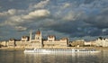 Panoramic view of the Hungarian Parliament building on the bank of the Danube in Budapest, beautiful architecture, Hungary Royalty Free Stock Photo