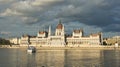 Panoramic view of the Hungarian Parliament building on the bank of the Danube in Budapest, Hungary Royalty Free Stock Photo