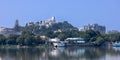 Hyderabad cityscape in India, Marble stone Birla temple and reflection in Hussain Sagar lake