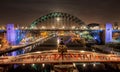 Panoramic View of the Tyne Bridge and River Tyne under Moonlight at Night, Newcastle UK Royalty Free Stock Photo