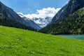 Panoramic view of idyllic mountain scenery in the Alps with fresh green meadow and snowy covered mountain peaks, Zillertal Alps Na