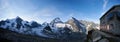 Panoramic mountain scenery, chalet. Royalty Free Stock Photo