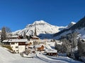 Panoramic view of idyllic mountain village St. Antoenien, Graubuenden, Switzerland. Royalty Free Stock Photo