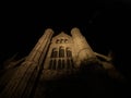 Panoramic view of illuminated catholic gothic cathedral church of our lady Onze Lieve Vrouwekerk at night Bruges Belgium Royalty Free Stock Photo