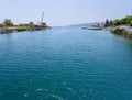 Panoramic view from the immersion bridge in Isthmia to the Entrance to the Corinth Canal from the Saronic Gulf in the Peloponnese