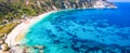 Panoramic view of the impressive, turqoise sea of Petani Beach, Kefalonia island Royalty Free Stock Photo