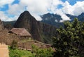 Panoramic view of Inca archaeological zone in the mountains Machupicchu Peru Royalty Free Stock Photo