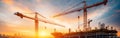panoramic view of industrial construction site at sunset featuring cranes and building structures vibrant sky adds dramatic Royalty Free Stock Photo