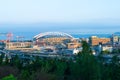 Panoramic view of industrial district with Centurylink Field stadium and Port of Seattle