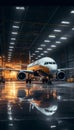 A panoramic view inside an airplane hangar, showcasing passenger aircraft maintenance