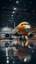 A panoramic view inside an airplane hangar, showcasing passenger aircraft maintenance