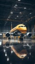 A panoramic view inside an airplane hangar, showcasing passenger aircraft maintenance