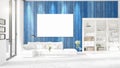 Panoramic view in interior with white couch, empty frame