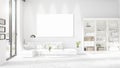 Panoramic view in interior with white leather couch, empty frame and copyspace in horizontal arrangement. 3D rendering.