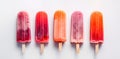 Panoramic view of isolated orange and strawberry popsicles on a white background. Generative AI Royalty Free Stock Photo