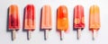 Panoramic view of isolated orange and strawberry popsicles on a white background. Generative AI Royalty Free Stock Photo