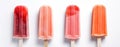 Panoramic view of isolated orange and strawberry popsicles on a white background. Generative AI Royalty Free Stock Photo