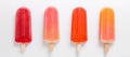 Panoramic view of isolated orange and strawberry popsicles on a white background. Generative AI Royalty Free Stock Photo