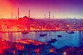 A panoramic view of Istanbul, Turkey, with several ships and waterways. Generative AI