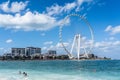 Panoramic view from JBR Beach with Ain Dubai Bluewaters island with the highest ferris wheel