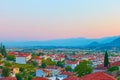 Kalabaka town and Thessaly valley at sunset