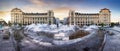 Panoramic view of Karlstor Gate and Karlsplatz Square during dramatic sunrise, Munich, Germany