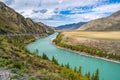 Panoramic view of the Katun river and Altai mountains. Altai Republic, Siberia, Russia Royalty Free Stock Photo