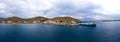 Panoramic view of Kea, Tzia island, Cyclades, Greece. Moored ships at island port Royalty Free Stock Photo