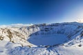 Panoramic view of the Kerid Volcano  Iceland with snow and ice in the volcanic crater lake in Winter under a blue sky Royalty Free Stock Photo