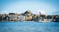 Panoramic view of Kerkyra, capital of Corfu island, Greece. Old City View in Corfu Town Harbor. Corfu island Royalty Free Stock Photo