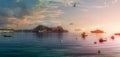 Panoramic view of Kerkyra during sunset, Wonderful seeascape with boats and luxury yahts on foreground. Corfu island, Greece Royalty Free Stock Photo