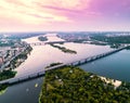 Panoramic view of Kiev city with the Dnieper River in the middle. Aerial view Royalty Free Stock Photo