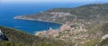 Panoramic view of Komiza town coastline from Mount Hum on Vis Island in Split Dalmatia region in Croatia Royalty Free Stock Photo