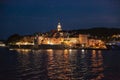 Panoramic view of the Korcula town by night, Korcula island, Dalmatia, Croatia