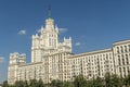 Panoramic view of the Kotelnicheskaya skyscraper on the sky background in Moscow, Russia