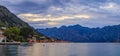 Panorama of Kotor Bay or Boka Kotorska with mountains, clear water at sunset, the Balkans Montenegro on the Adriatic Sea Royalty Free Stock Photo