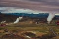 Panoramic view of Krafla geothermal power plant, near Krafla Viti Volcano, Northeastern Iceland, in summer, with some grain