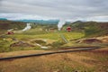 Panoramic view of Krafla geothermal power plant, near Krafla Viti Volcano, Northeastern Iceland, in summer, with some grain