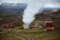 Panoramic view of Krafla geothermal power plant, near Krafla Viti Volcano, Northeastern Iceland, in summer, with some grain