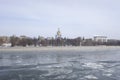 Panoramic view of Krasnokholmskaya embankment with view of Novospassky monastery in Moscow, Russia.