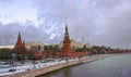 Panoramic view of the Kremlin Embankment of Moskva River, Kremlin Walls and Towers in Moscow