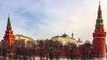 Kremlin`s surrounding red walls with Borovitskaya and Vodovzvodnaya Towers, Moscow Royalty Free Stock Photo